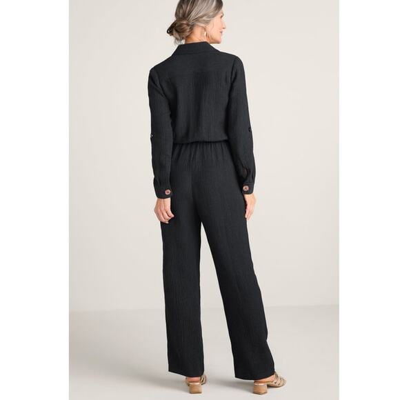 Soft Surroundings Cannes Black Crinkle Gauze Jumpsuit Petite Small - Picture 2 of 12